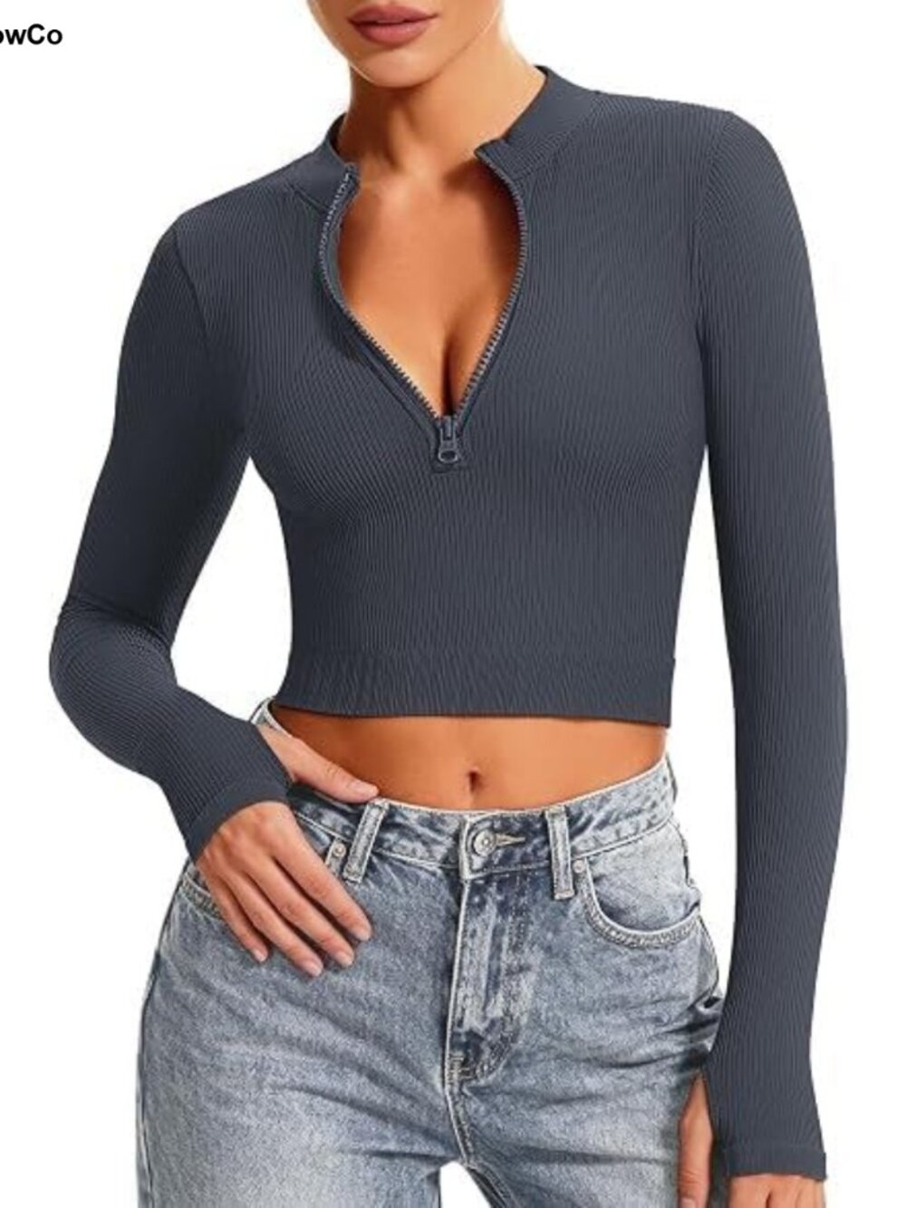 Half Zip Women Long Sleeve Workout Shirt with Thumbholes Crop